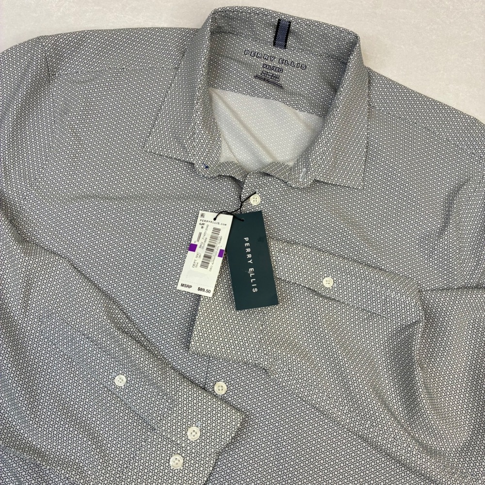 Perry Ellis Button Down Shirt Mens XXL Grey Slim Fit Stretch Geometric 4JRW7023